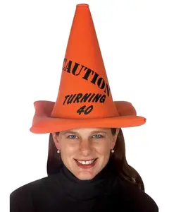 Rasta Imposta Turning 40 Cone Birthday Hat, orange polyester on foam. Masks Lightweight