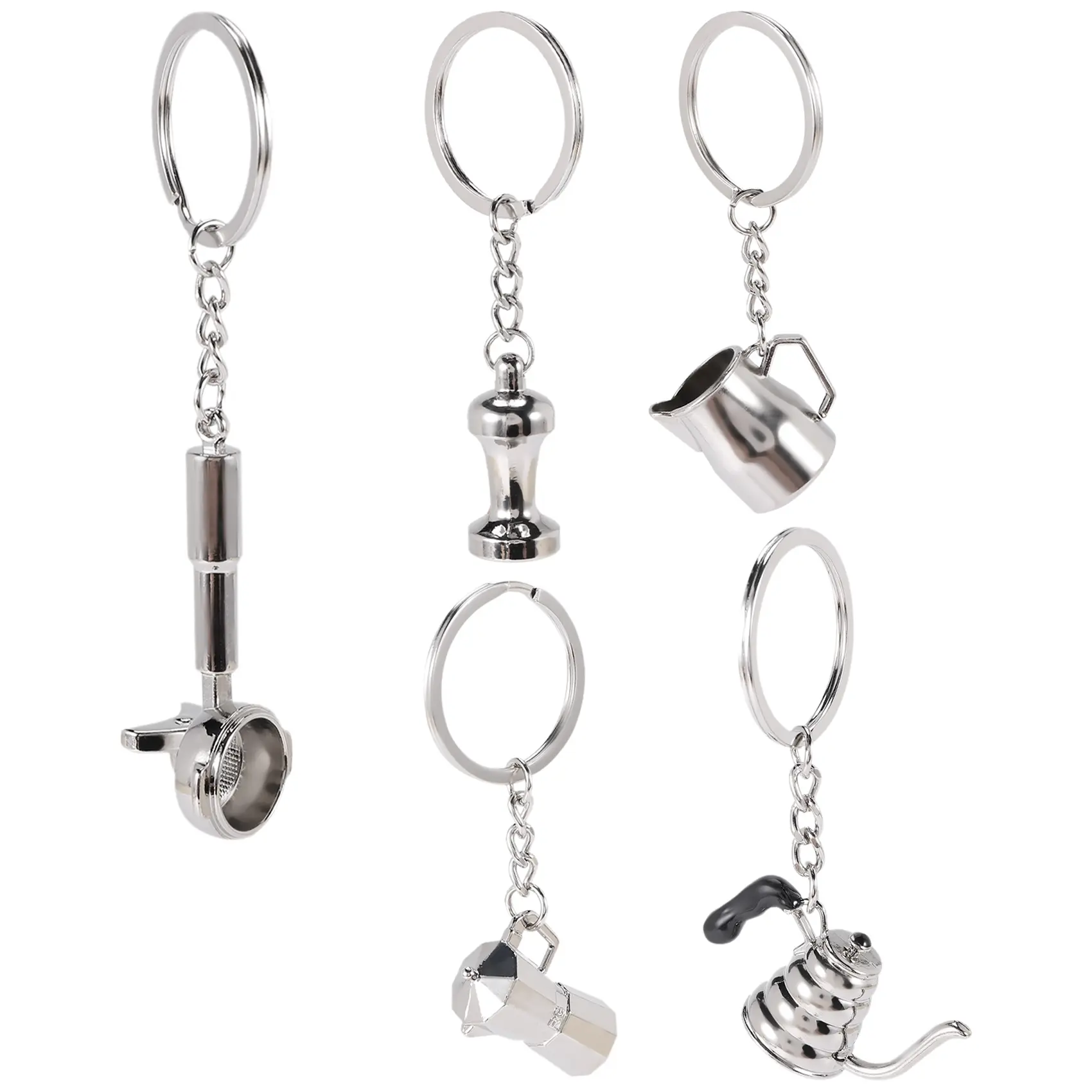 5PCS Durable Metal Barista Tamper Keychain Multipack - Mini Barista Tools, Random Garland Cup Keychain, Coffee Press, Mocha Pot, Cloud Pot, Espresso Portafilter Accessory, Household Gift for Coffee Lovers