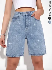 Women's Casual Rhinestone Embellished JWashed Straight Leg Loose Denim Shorts, Trendy Fashionable Denim Bottoms, Perfect for Daily Wear, Comfortable & Stylish