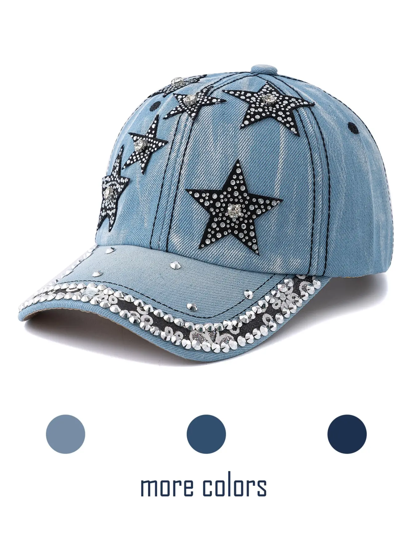 1PC shiny star-shaped rhinestone decorated denim baseball cap, a fashionable and casual all-purpose denim hat, suitable for women to wear daily, and suitable for pairing with when going out for shopping, Adjustable Snapback Cap, Crystals Hat