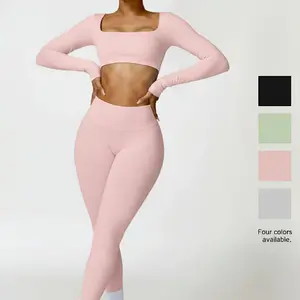 2 Piece Yoga Outfit Long Sleeve Square Neck Crop Top High Waist Leggings Gym Set