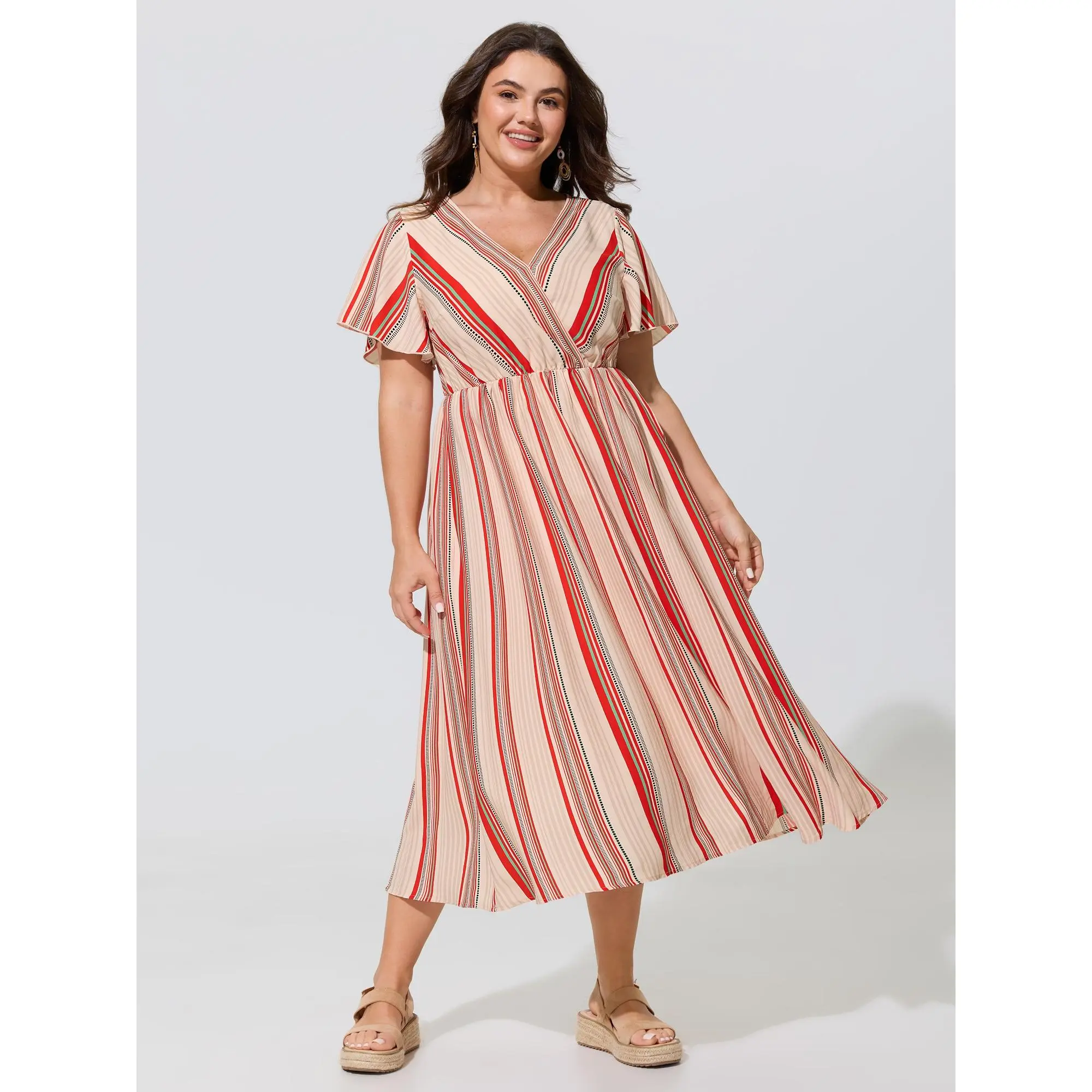 BLOOMCHIC Women's Plus Size Polyester Vertical Striped Wrap V-Neck Flutter Sleeve Midi Dress with Pocket, Casual 2026 Summer Dress, Sizes M-6X, Vertical Stripes
