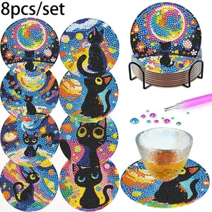 8-Piece DIY Jewelry Puzzle Coasters, Cat Design, Heat-Resistant and Non-Slip, Handmade Gift, Diamond Painting Craft