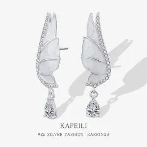 S925 pure silver winged butterfly earrings with unique design, water drop zircon resin stud earrings for women