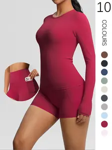 Women's Solid Long Sleeve Tee & Skinny Shorts Tracksuit Set, Casual Breathable Sweat-absorbing for Gym Workout Running, Lightweight Athletic Outfits, Ladies Sportswear for All Seasons, Elegant Gym Outfits