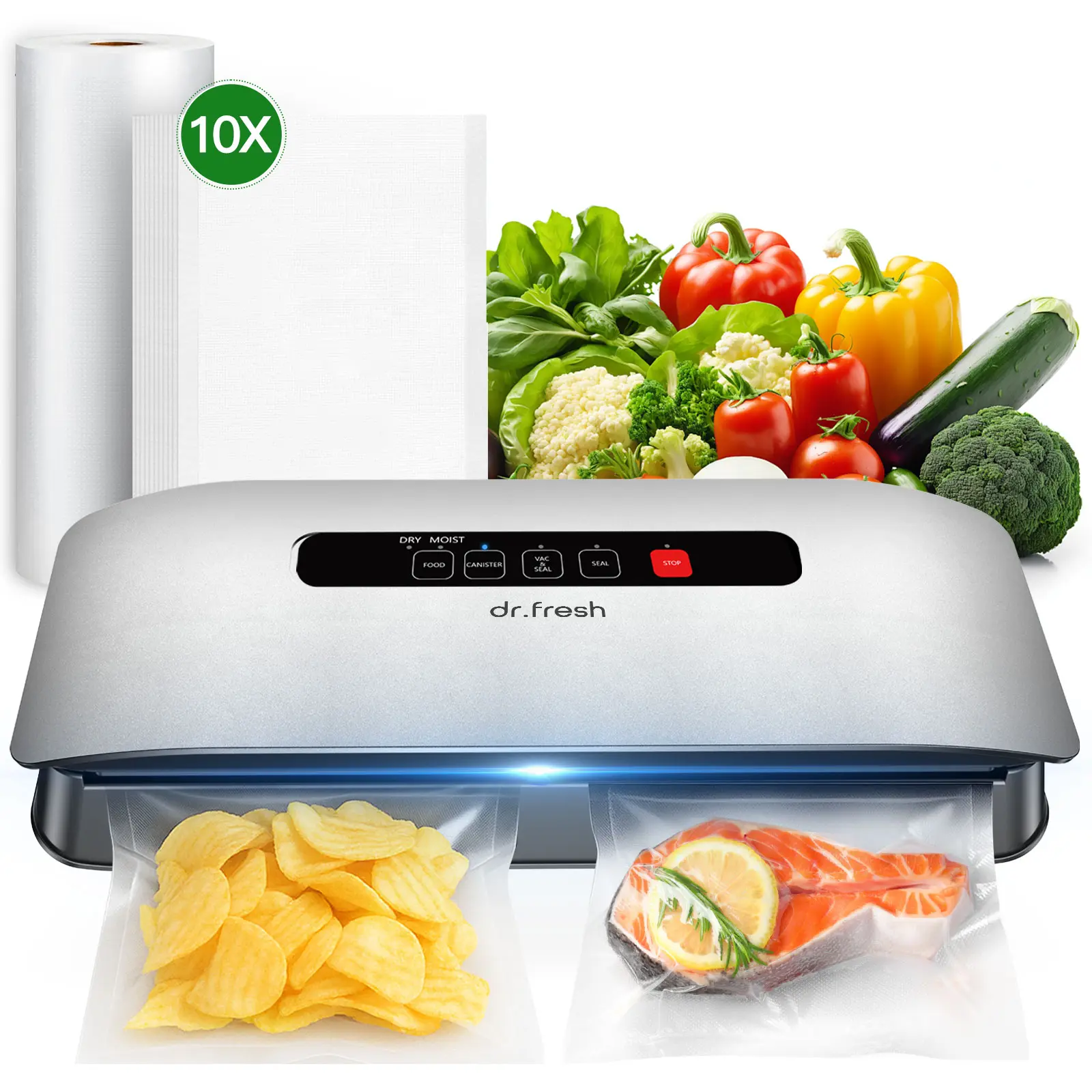 DR.Fresh V20 Automatic Bagged Vacuum Sealer Machine - 1-Touch Operation, Dry/Moist Modes, 9.85ft Bag Roll, 10 Pre-Cut Bags Get You Started, Pantry Organization & Food Preservation Solutions, Slim Space-Saving Compact Kitchen Preserver for Meat, Vegetables