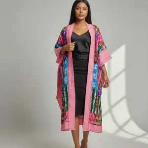 Dodi Kimono - Pink Long Kimono with Colorful Patterns and Long Sleeves for Women