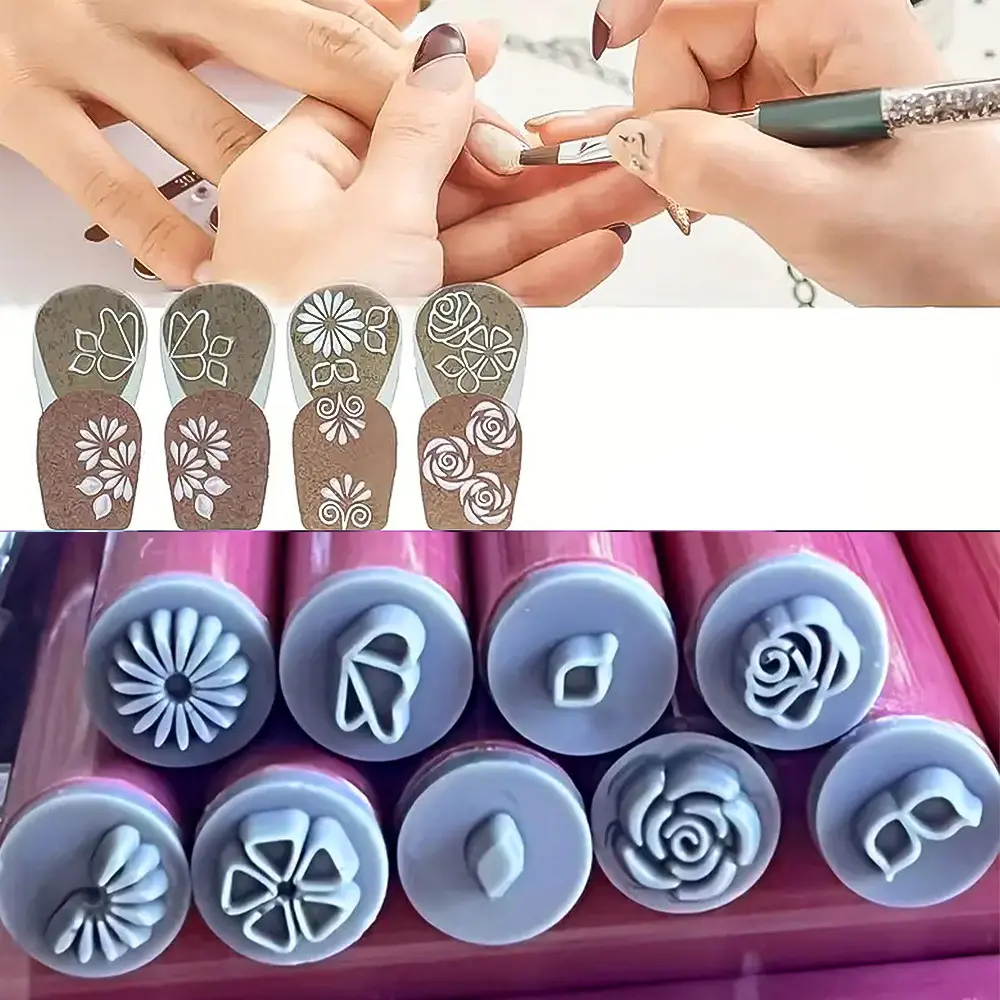 Nail Art Stamping Kit, Floral Pattern Nail Polish Stamper Brush Set, Manicure Tools, Nail Art Accessories for Professional & Home Use, Flower Design Nails