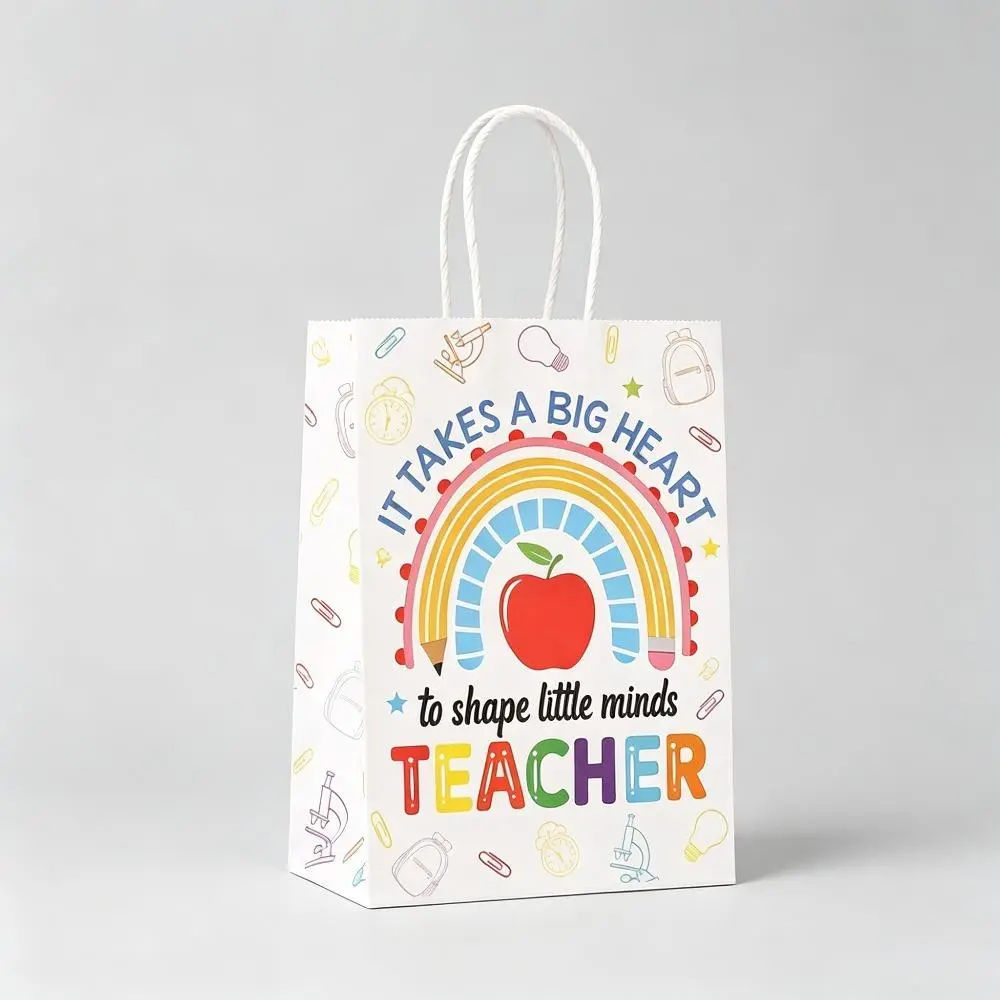 24-Pack Hand-Held Paper Gifting Bags with Heart Messages & Printed Text, Kindergarten Kindergartners’ Teacher’s Day Gratitude Packaging for Back-to-School Gift-Giving of Flowers, Candies, Gifting Bag