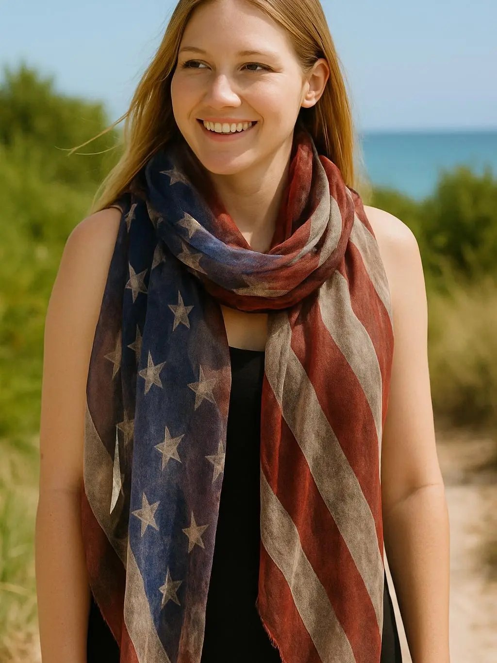 Vintage Americana USA Oblong American Flag Tassel Edge Shawl Scarf for Layering - 4th of July Edition Stylish & Comfortable Patriotic Soft Lightweight Fabric Digital Print Stars Stripes Gift Idea