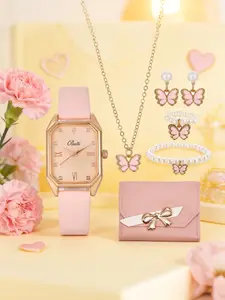 Women's Elegant Quartz Watch with Butterfly Pearl Jewelry, Square Diamond Decor, Perfect Gift for Mother's Day & Christmas, Fashion Watch Set