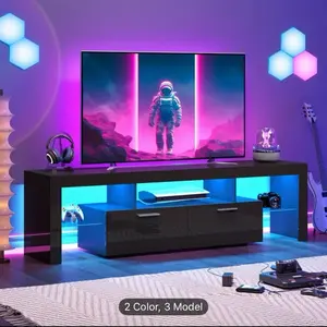 A Sleek LED TV Stand Designed for 55 to 80-Inch Televisions, Featuring a Universal Entertainment Center Equipped with Storage Drawers And LED Lighting. This Contemporary Media Console Is Suitable for Your Living Room, Game Room, Or Bedroom