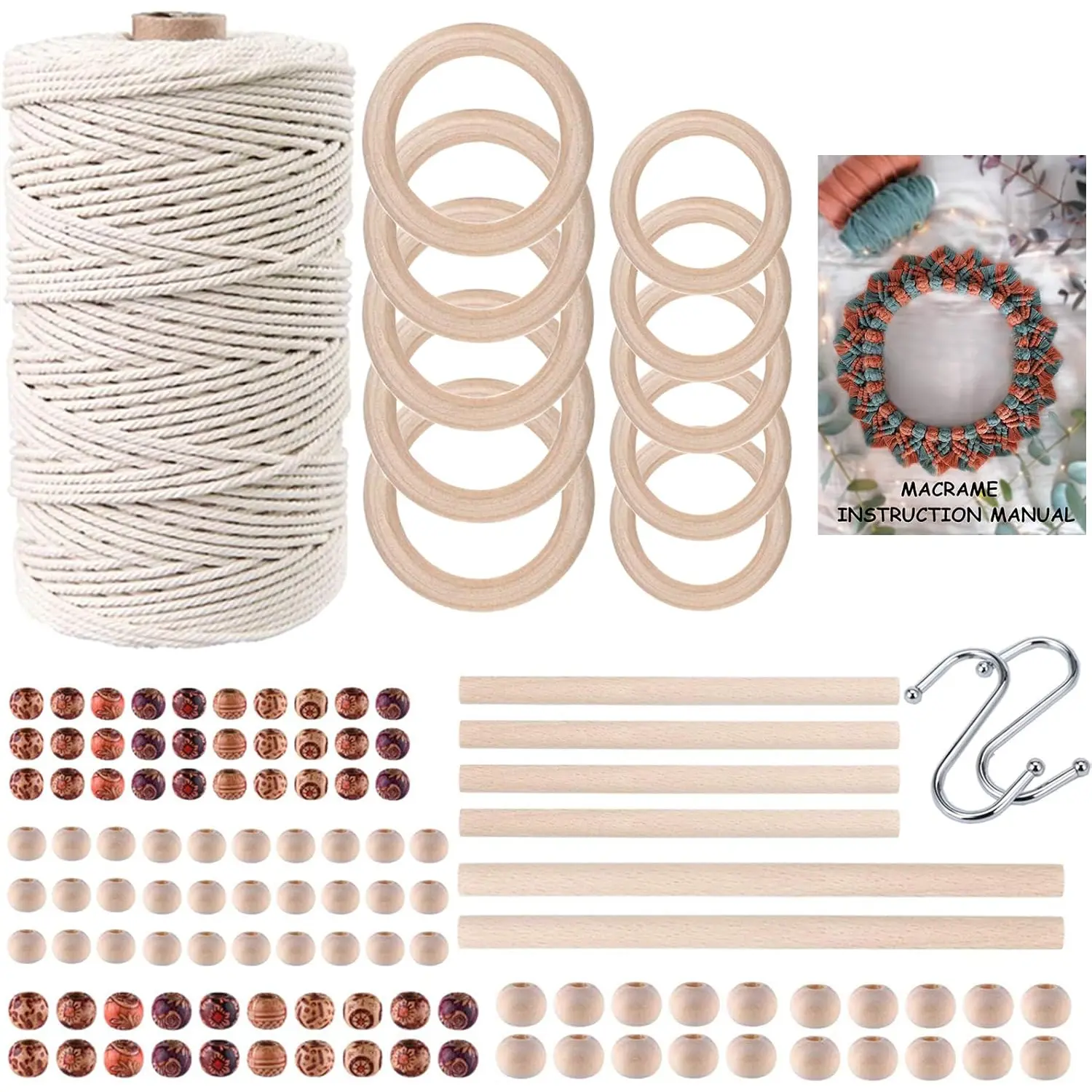 120 count Macrame Kits for Beginners 3mm x 220yards  Cotton Macrame Cord Wall Hanging Kit,  Macrame Supplies for Macrame  Hanger with Wooden Beads,Wooden Rings,Wooden Sticks,S Hooks
