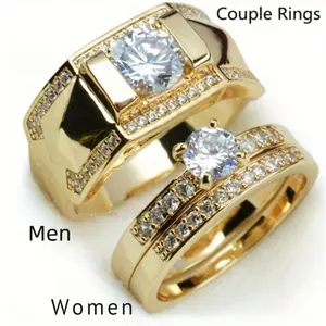 Couple Rings, Classic Luxury 14k Gold Plated Wedding Rings, Cubic Zirconia Rings for Women & Men Wedding Engagement Jewelry, Valentine's Day Gifts