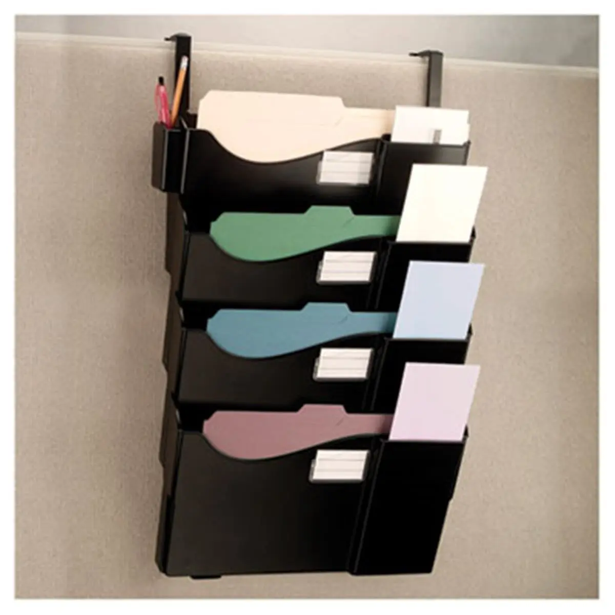 Officemate 21728 Cubicle Filing System - Durable Plastic Black, 4 Pockets with Add-On Pocket, Pencil Cup Compatible, Card Storage, Compartment for Cards & Envelopes, Organization Features File Sorters & Storage, 27.25x15.75x3.88in Functional Design
