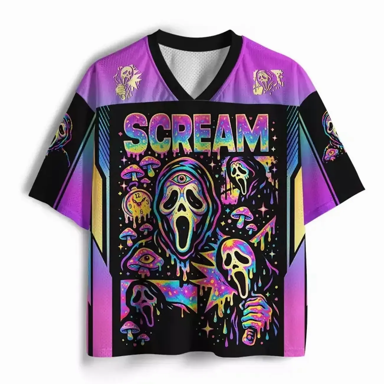 SCREAM Melting Fear Vision Mesh Jersey, Horror Inspired Graphic Sports Shirt, Dark Retro Mesh Jersey, Spooky Streetwear Top, Breathable Athletic Shirt, Creepy Graphic Apparel WQX