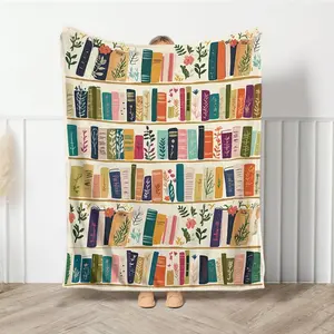 Vintage Bookshelf Library Throw Blanket, Cottagecore Book Wildflowers Blanket Gift for Book Lover Library Gift Floral Bookish Gift for Reader, Book Lover Gift, Christmas Gift
