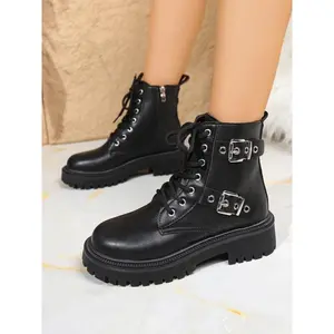 Women’s fashion ankle boots with a side zipper design, classic motorcycle style, lace-up combat boots for walking and work, comfortable everyday wear shoes