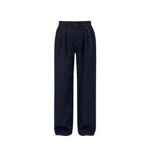 Women's Indigo Denim Triple-Pleat Loose Jeans - Stylish Pants for Casual Clothes
