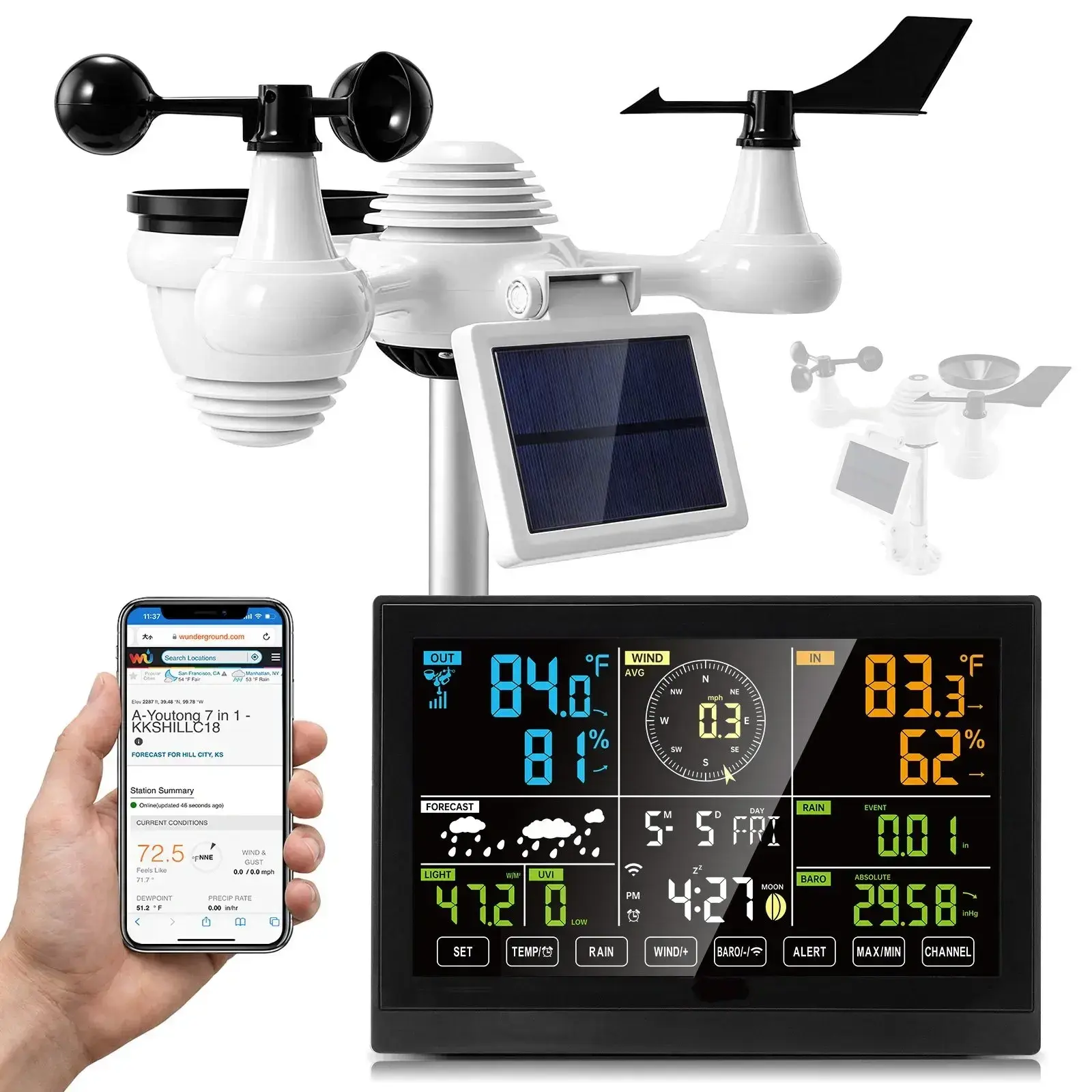 7-in-1 Wi-Fi Weather Station with 7.5 in Color Display, Solar Wireless Outdoor Sensor, Alarm Alerts for Indoor Outdoor Temperature, Humidity, Wind Speed/Direction, Rain Monitoring (Home Weather Clock)