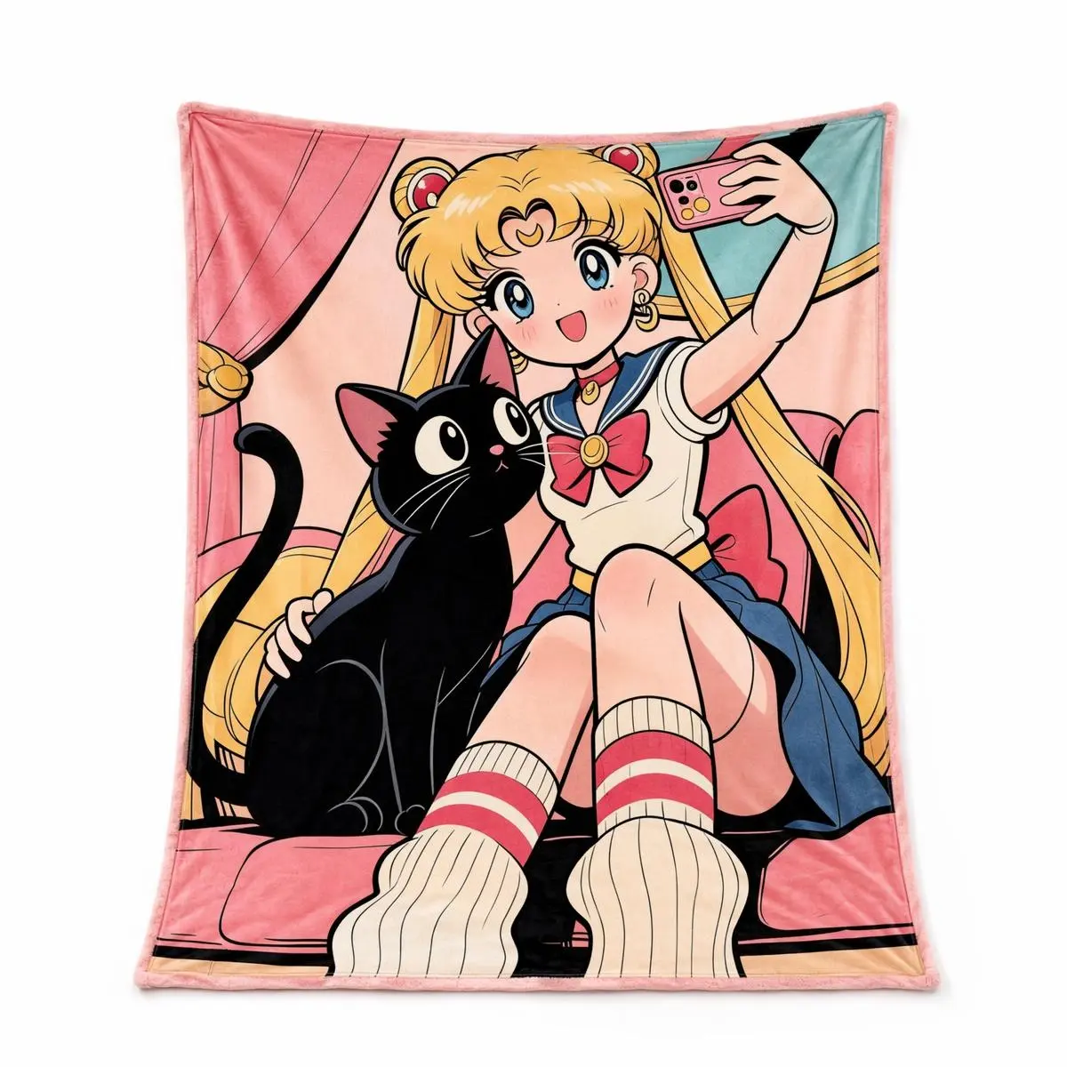 Modern Retro Hand-Drawn Anime Print Flannel Blend Throw Blanket - Soft, Cozy, Fading-Proof, Artistic Look All-Season Plush Blanket, Unique Vintage Illustration Indoors-Outdoors Home Decor Gift For Teens