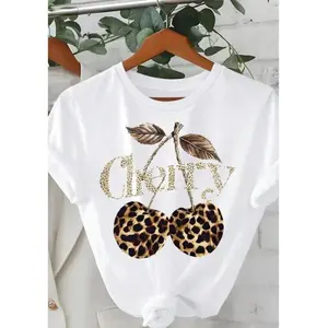 Vintage Women's Cherry and Leopard Print Round Neck Graphic Tee for Casual Daily Wear All Seasons