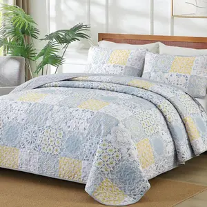 Queen Set 3 Pieces, Blue/Yellow/Grey Patchwork Bedspreads, Boho Summer Coverlet Set, Soft Lightweight Microfiber Bedding Set for All 96"x90"
