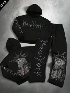 Men's Oversized Streetwear Hooded Tracksuit Set New York Statue of Liberty Distressed Graphic Hoodie and Baggy Sweatpants | Grunge Y2K Goth Dark Aesthetic 2 Piece Outfit for Street Style & Daily Wear