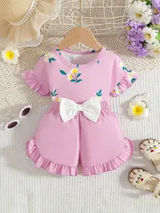 Girls' summer short sleeved shorts two-piece set, floral printed top+shorts set, ruffled sleeves+large bow waist+ruffled pants mouth, Outfits, Cute clothing set, Valentine's Day gift, family outings, picnic trips
