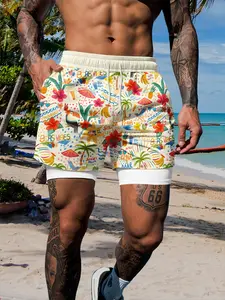Men's Tropical Vacation Full-Print Beach Shorts, Quick-Dry Inner Lining, Anti-Slip, Summer Casual Holiday Wear, Drawstring Waist