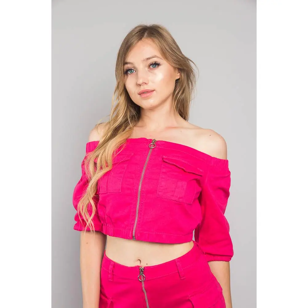 Neon Off the Shoulder Cropped Jacket