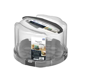 Home Baker’s Clear Cake Carrier with Reinforced Gray Handle Snap-Tight Clasps & Bonus Cutting/Serving Combo Tool for Easy Serving