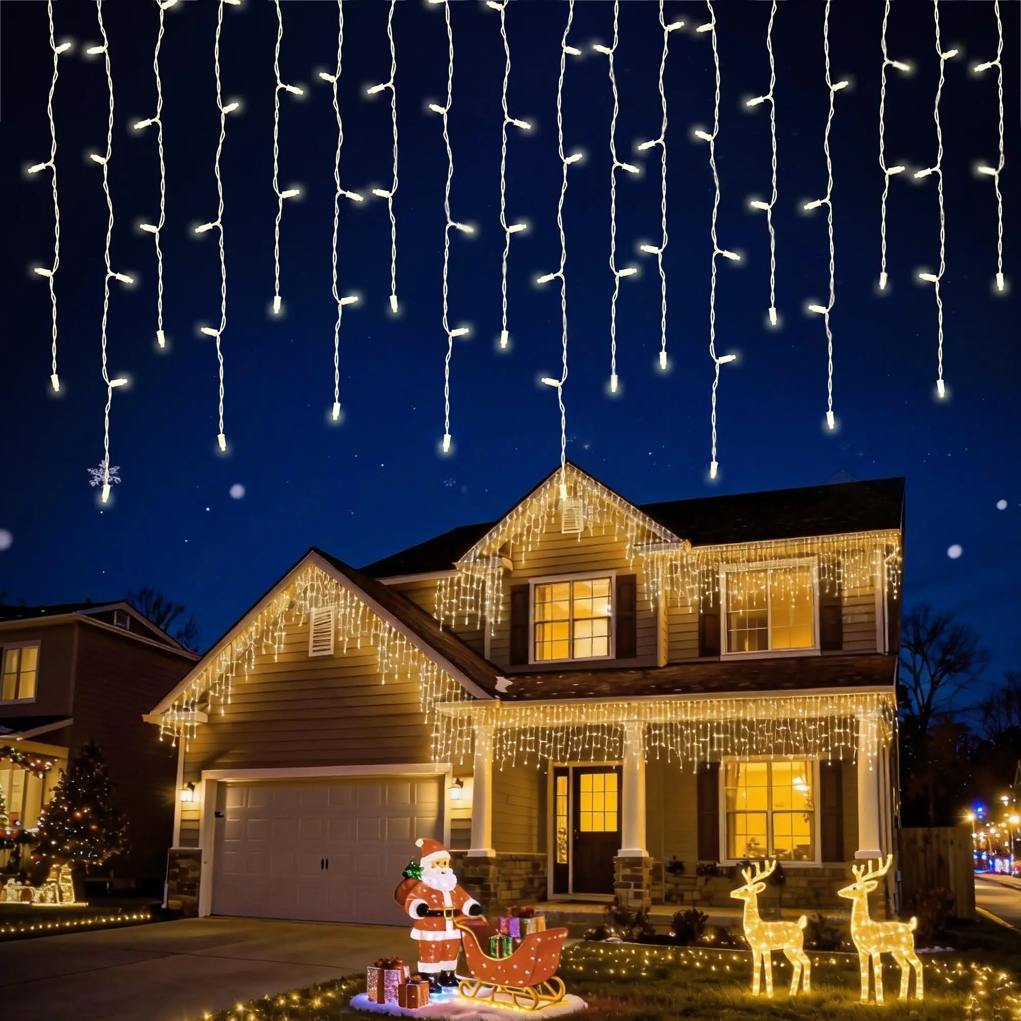 Beatineon 70-Light 7ft LED Icicle String Lights, Full Twinkle Effect, Red & Green LED with Clear Bulbs – 15 Varying Drops, IP68 Waterproof, Connectable 15 Sets, Indoor/Outdoor Use, ETL Listed
