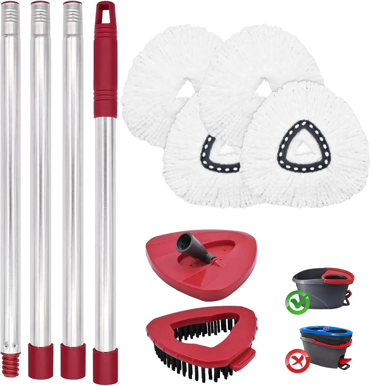 Adjustable Extendable Long-Handled Squeezing Type Microfibre Mop Refill Set for O-Cedar EasyWring 1-Tank System - 2 Heads, 30-59" Handle, Base, Scrubber for Indoor Hard Floor Deep Cleaning