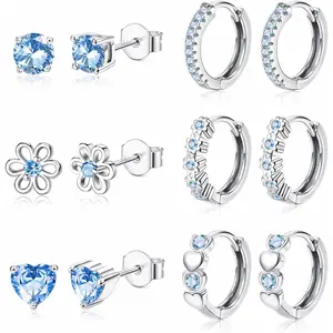 CASSIECA 6Pairs Small Earrings Stack Set for Women 925 Sterling Silver Post Stud and Hoop Earrings Stack Set Hypoallergenic Zirconia Flower Heart Cute Cartilage Earrings Stack for Kids Baby Pink/Purple/Blue