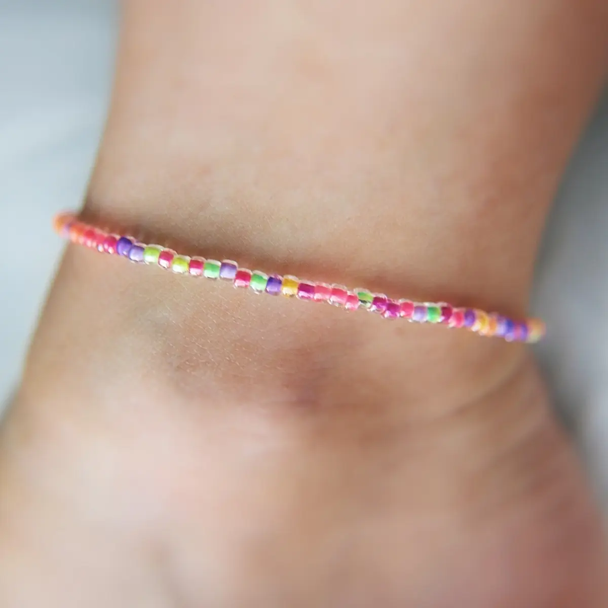 Neon rainbow seed beaded anklet