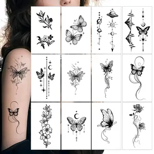 Black Butterfly Temporary Tattoos 12 Sheets Floral and Celestial Designs Waterproof Fake Tattoos Body Art Stickers for Women(Black butterfly-12C）