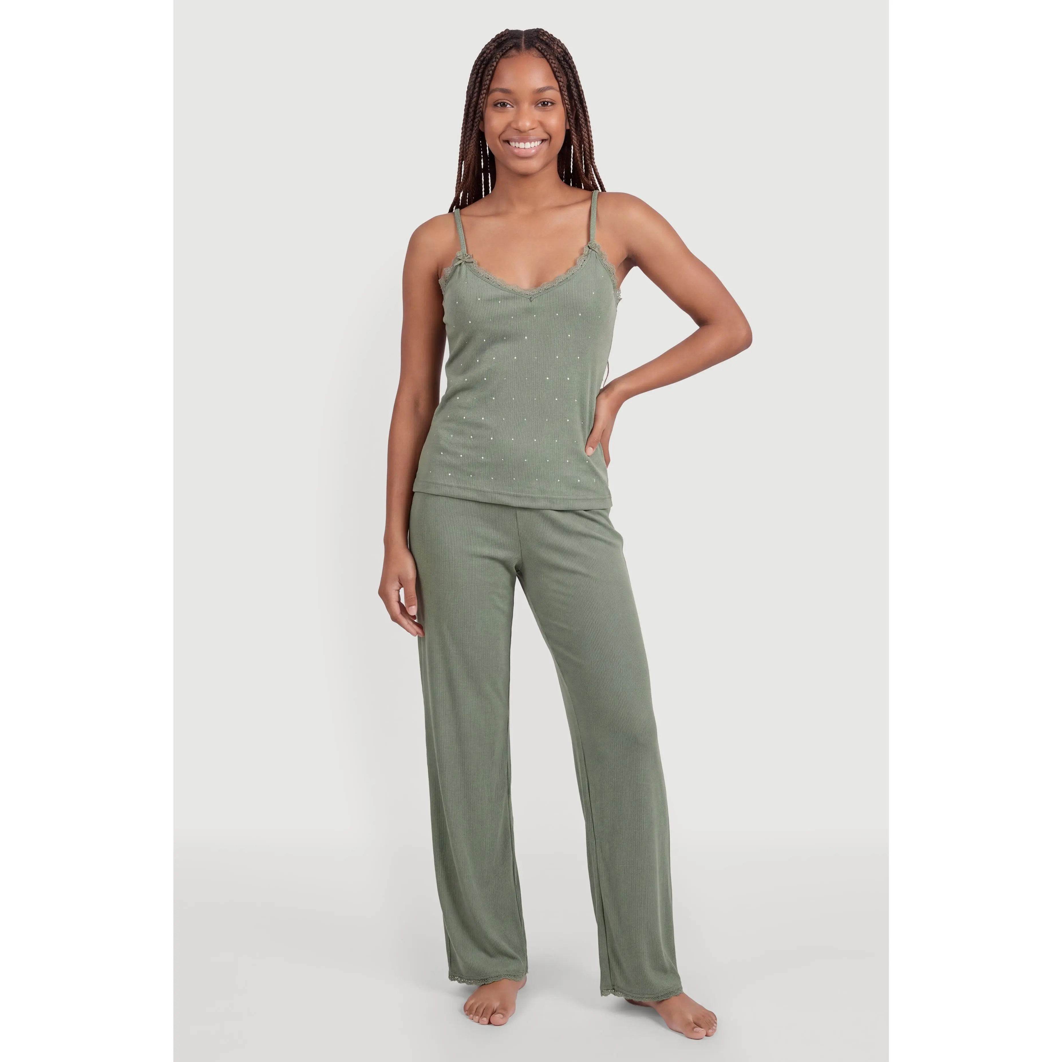Lace Trim Rhinestone Studded Pajama Cami and Lounge Pants