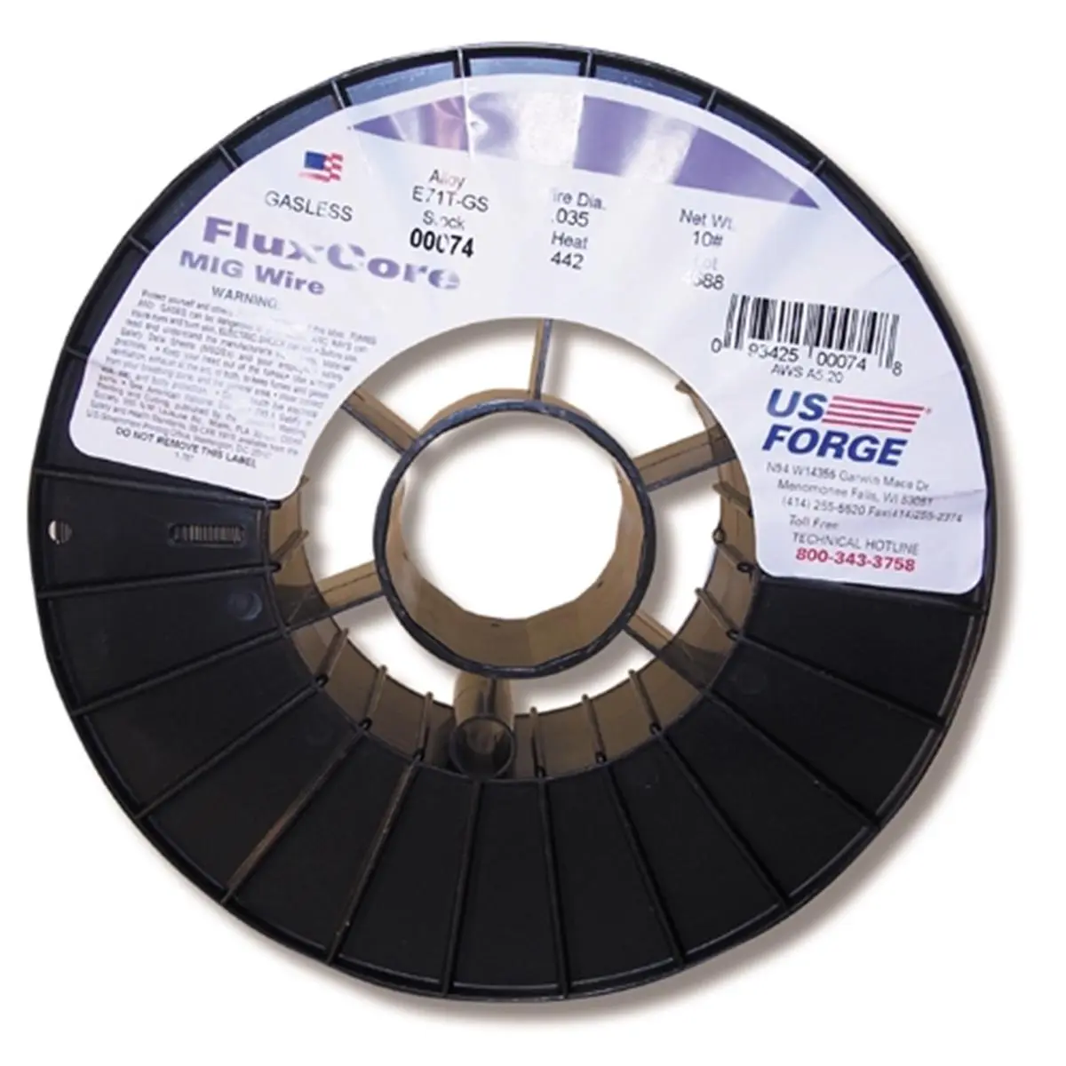 US Forge 74 E71T-GS Gasless Cored MIG Welding Wire - 0.035 in, 10 lbs, Semi-Automatic, Single Pass, All Position Welding for Carbon Steels, Zinc Coated Steels