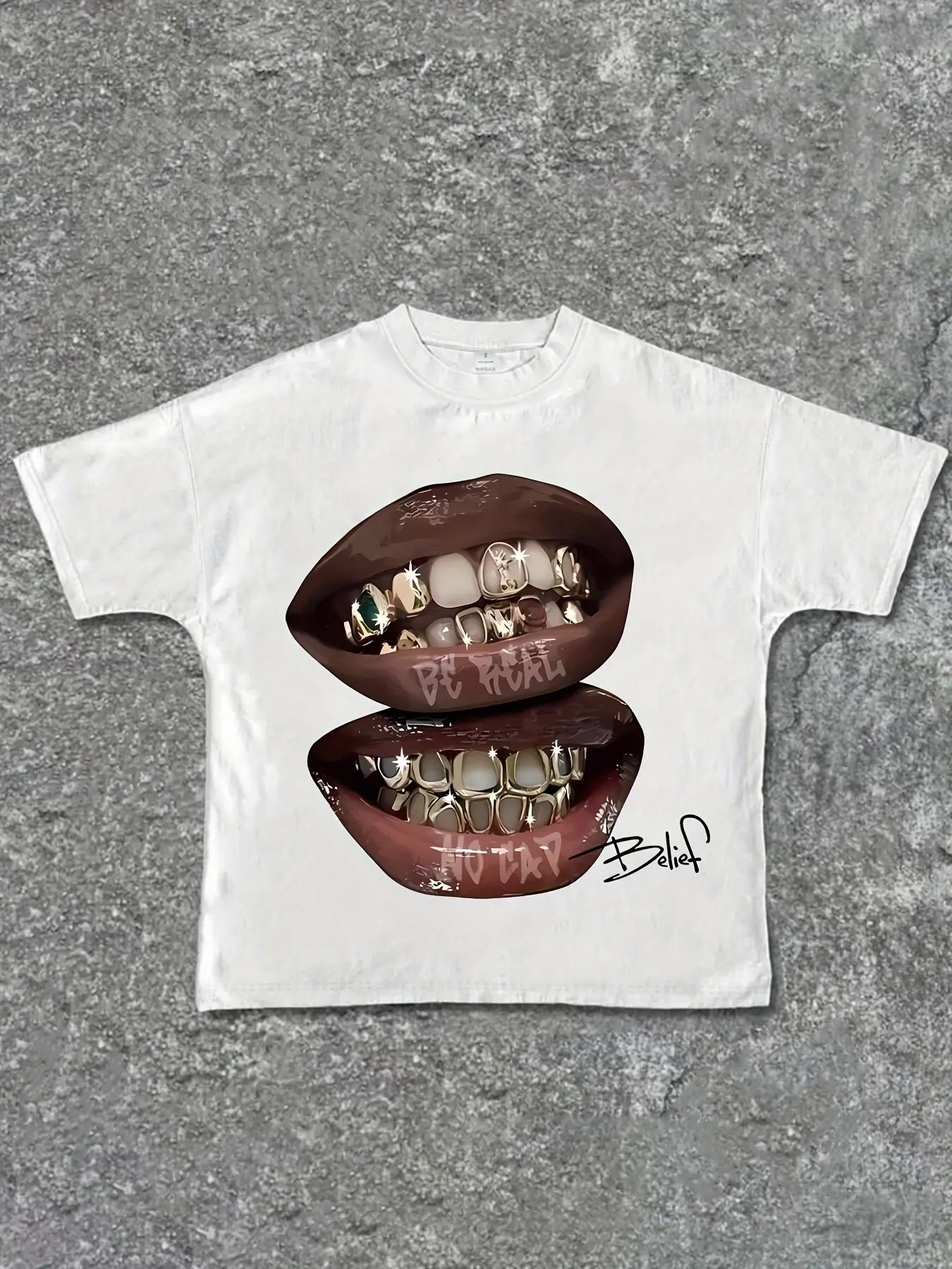 Women's Oversized White T-Shirt with Bold Golden Teeth & Red Lips Print - Soft Round Neck Short Sleeve Casual Streetwear, Machine Washable Statement Graphic Tee for Layering & Everyday Outfits - Trendy Summer & Year-Round Versatile Outfits
