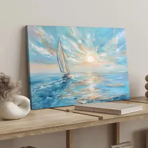 1 Count wood frame canvas, art canvas prints, ocean Solitary Sail poster, Seaside sunset landscape art, Fashion decoration, exquisite bedroom poster, Modern art decoration, fashion family poster, corridor office mural, Ideal gift, HD, waterproof, print