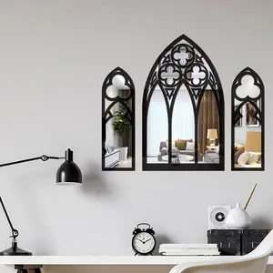 Acrylic Mirror Wooden 3 Sets, Gothic Baroque Cathedral Architecture Decorative Durable Wall Mirror, Elegant Home Décor, Unique Artistic Design.