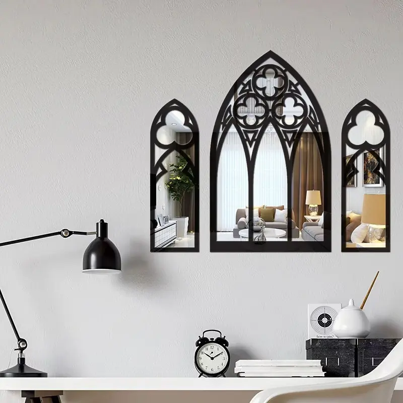 Acrylic Mirror Wooden 3 Sets, Gothic Baroque Cathedral Architecture Decorative Durable Wall Mirror, Elegant Home Décor, Unique Artistic Design, Mirrors For Wall