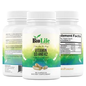 D3+K2 Vitamin 5000 IU Supplement Capsule - 125mcg D3 + 100mcg K2 MK-7 & 210mg Calcium with 5mg BioPerine for Healthy Bone, Teeth, Muscle Health & Immune Support - 60 Count by Biolife