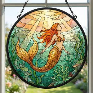 Mermaid swimming in the sea window hanger, stained glass style, custom made, seaside home decor, nautical style ornament, gift for women, charming window decoration.
