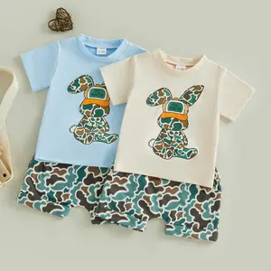 Kupretty Kids Baby Boys Easter Outfits Set Short Sleeve Rabbit Print T-shirt Tops with Camouflage Shorts Easter Egg Hunter Clothes Summer 1-6 Years