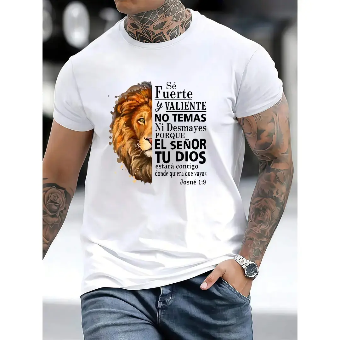 [ Cotton] Valiente Josue 19 Spanish Christian Bible Verse T-Shirt  Men's Christian Lion "Be Strong & Courageous" Quote Tee