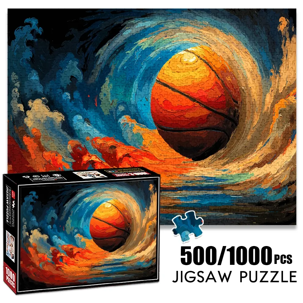 1pc 1000 piece adult puzzle 70x50cm Artistic Basketball in Swirling Colorful Waves 500 pieces paper jigsaw puzzle suitable for DIY creative games for adults and families, birthday and holiday stress