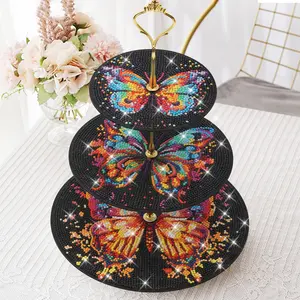 3-Layer Diamond Art Tray Set, DIY Butterfly Pattern Diamond Painting Kit, Wooden Round Display Stand, Perfect for Weddings, Birthdays, Thanksgiving