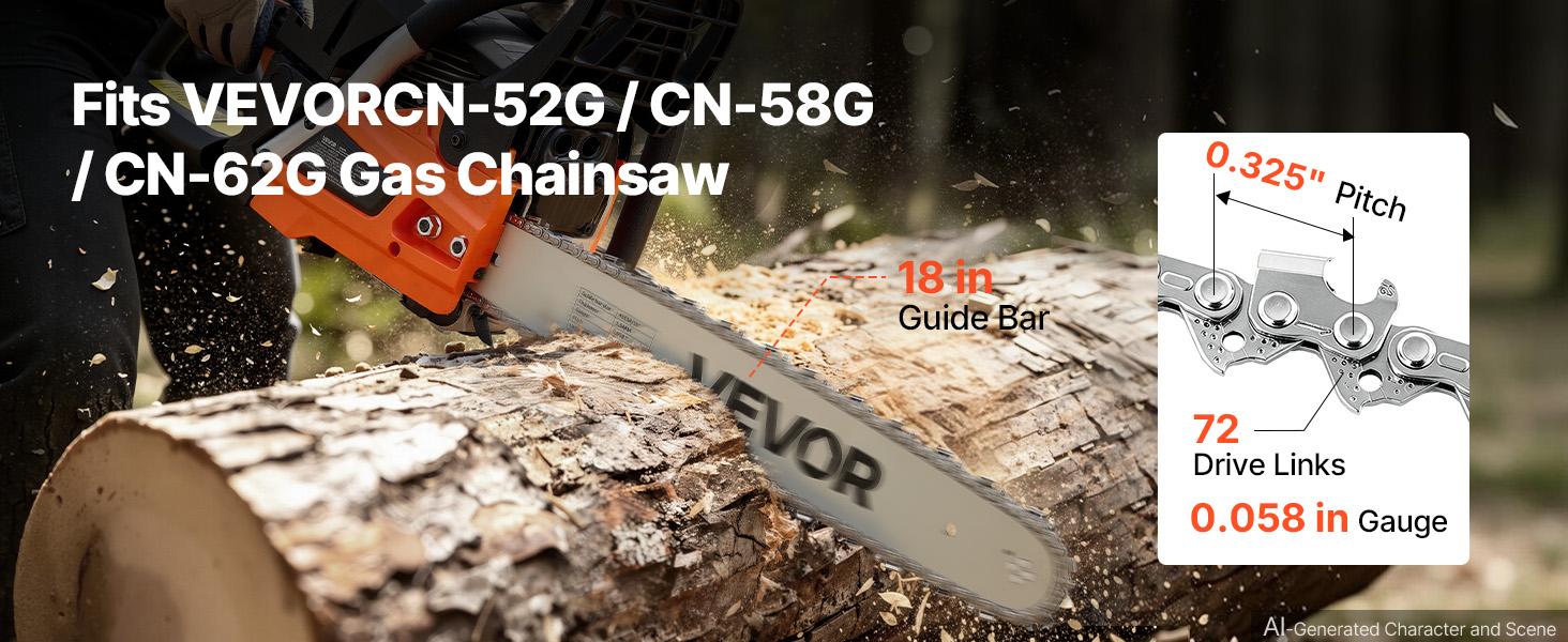 VEVOR Bar & Chainsaw Chain Combo 18" .325" Pitch .058" Gauge 72 Drive Links, Fits VEVOR CN-52G / CN-58G / CN-62G Gas Chainsaw, Alloy Steel, Replacement Guide Bar & Saw Chain with Sharp Cutter Teeth